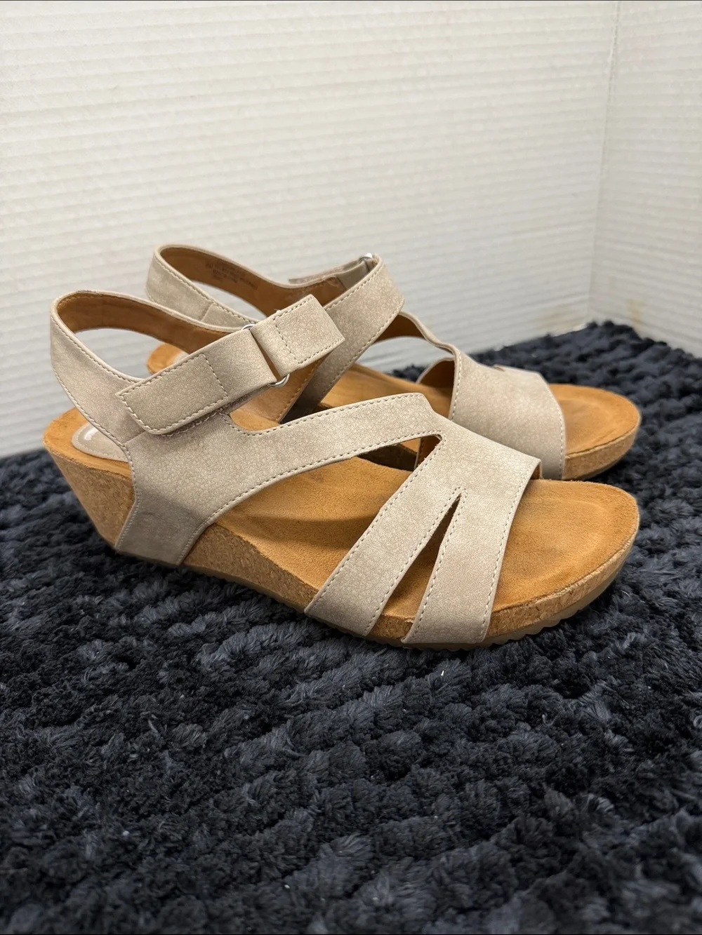 Euro by Sofft Comfort Wedge Sandals in Light Beige - Women's Velcro Straps
